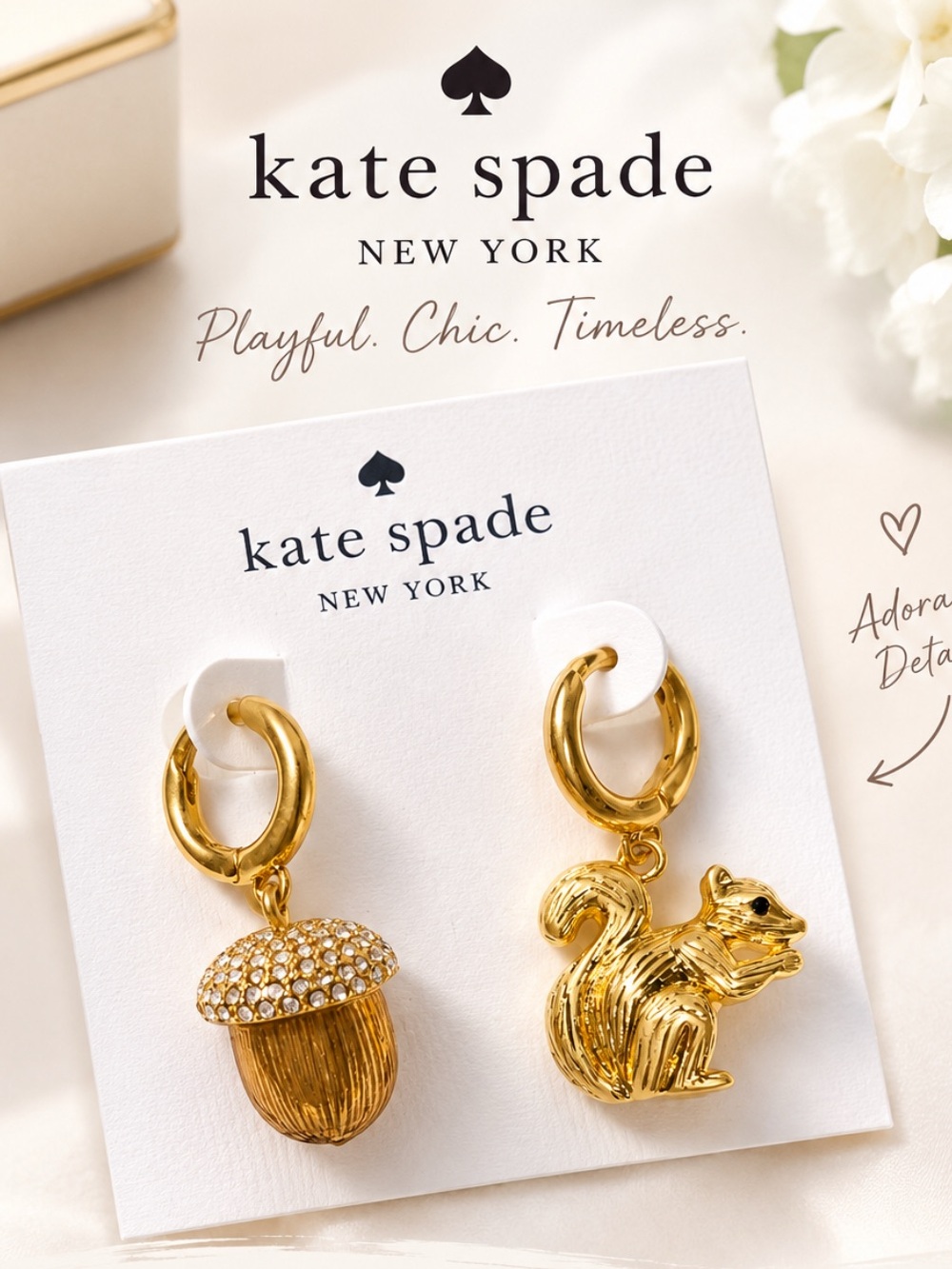 kate spade Gold Acorn and Squirrel Charm Hoop Earrings